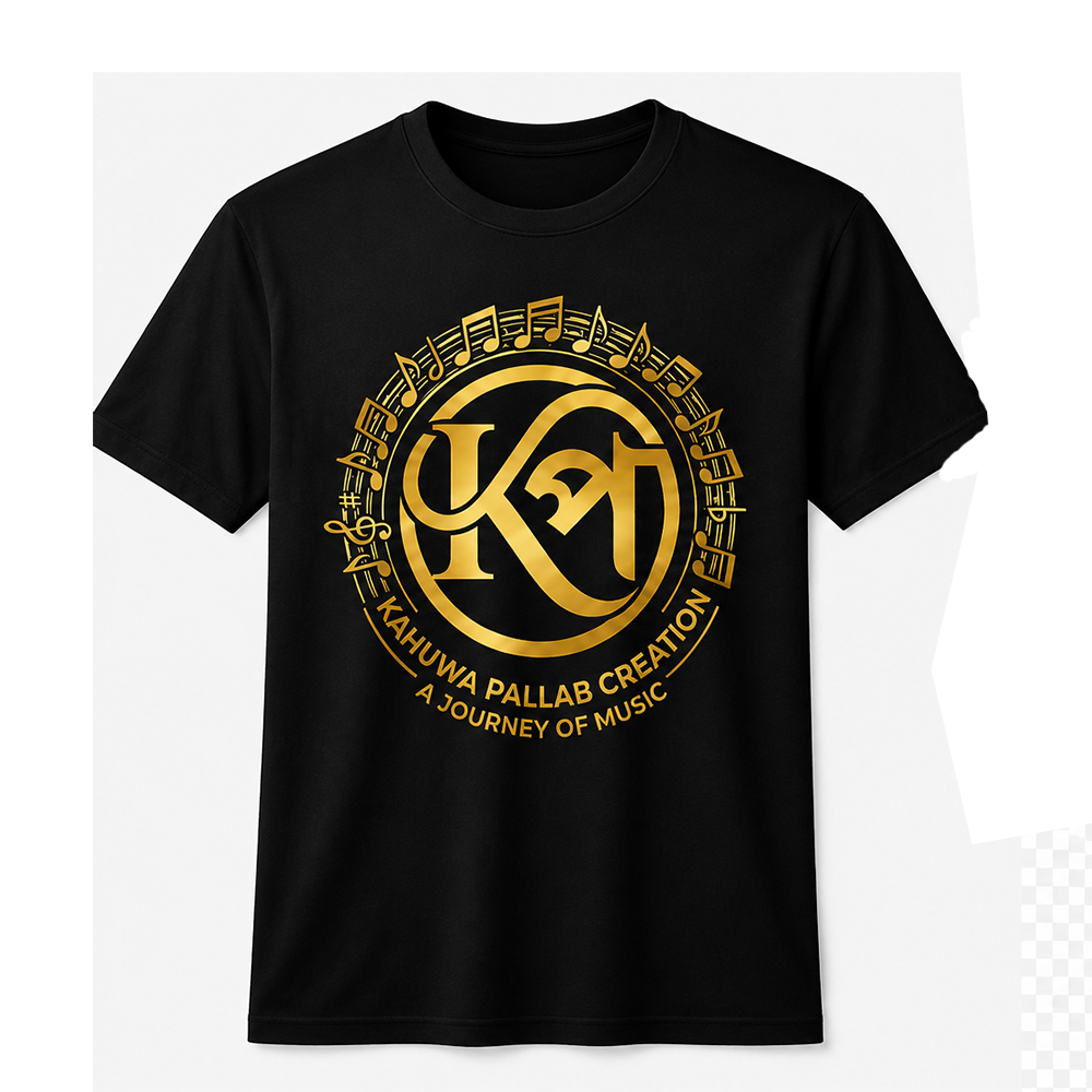 Premium black cotton T shirt featuring the official Kahuwa Pallab Creation gold logo designed for music lovers artists creators and fans in Assam India.