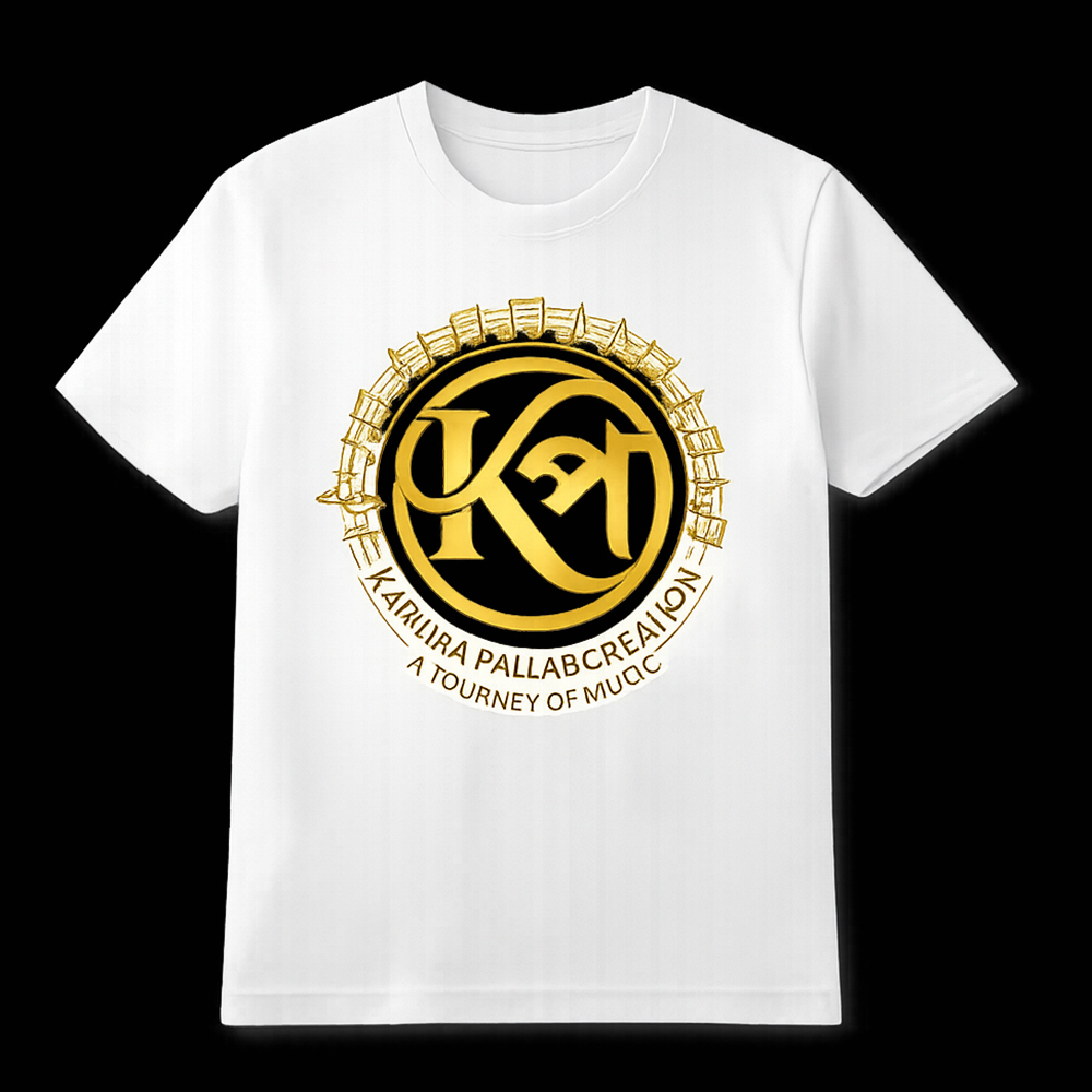 Premium white cotton T shirt with the official Kahuwa Pallab Creation gold logo designed for music lovers artists creators and fans in Assam India.
