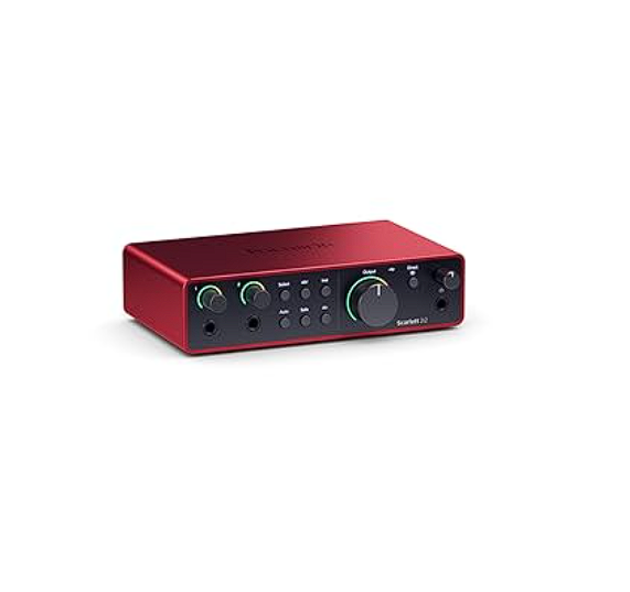 Focusrite Scarlett 2i2 4th Gen USB audio interface for professional music recording podcast production live streaming voice recording and home studio setup.